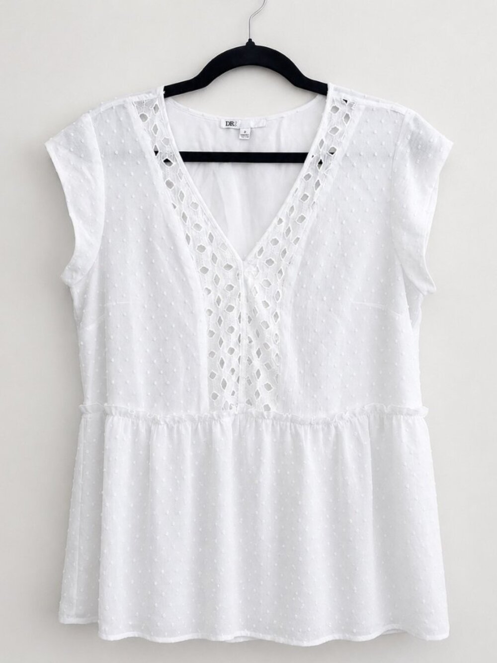 DR2 White Peplum Swiss Dot Flowy Top Medium